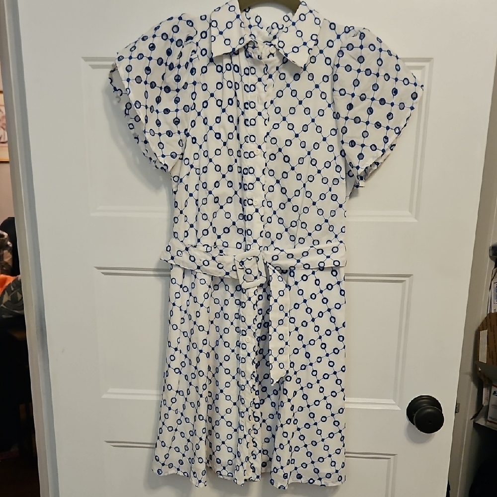 Elegant White and Blue Patterned Mini Dress